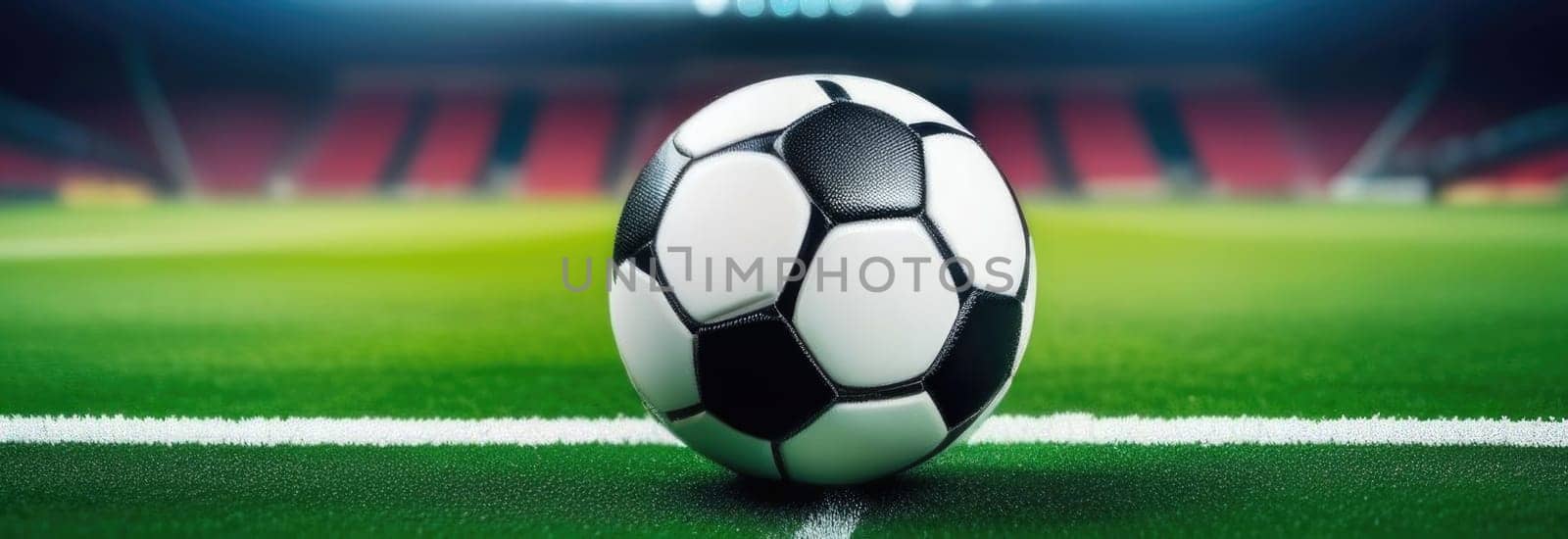 Soccer ball rests on grass of green field in front of majestic lit up, creating exciting atmosphere stadium. Scene captures essence of game, ready for action, excitement. Advertising, banner, print