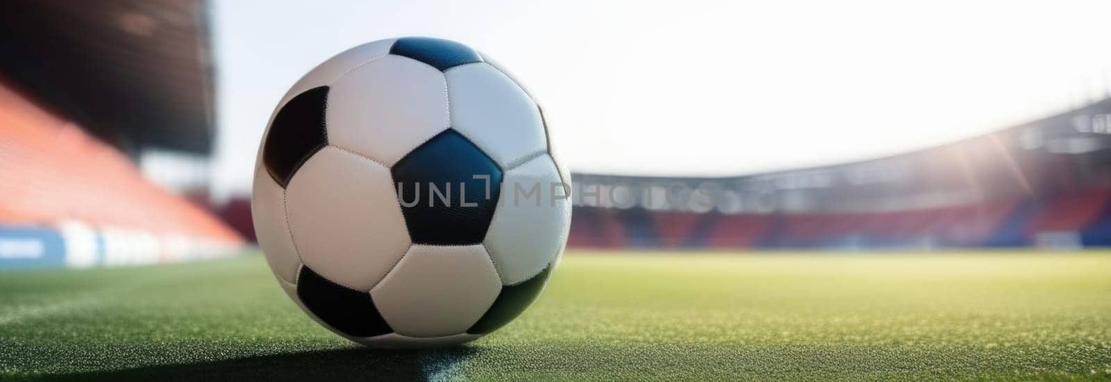 Soccer ball rests on grass of green field in front of majestic lit up, creating exciting atmosphere stadium. Scene captures essence of game, ready for action, excitement. Advertising, banner, print. by Angelsmoon