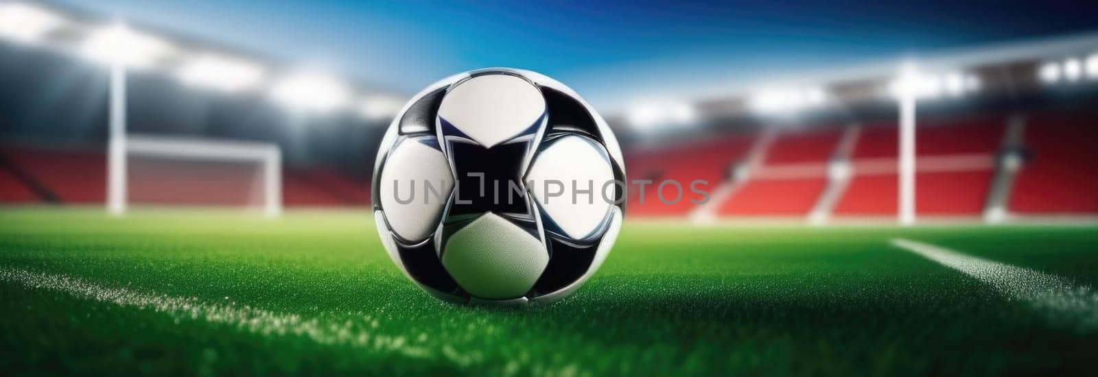 Soccer ball rests on grass of green field in front of majestic lit up, creating exciting atmosphere stadium. Scene captures essence of game, ready for action, excitement. Advertising, banner, print. by Angelsmoon