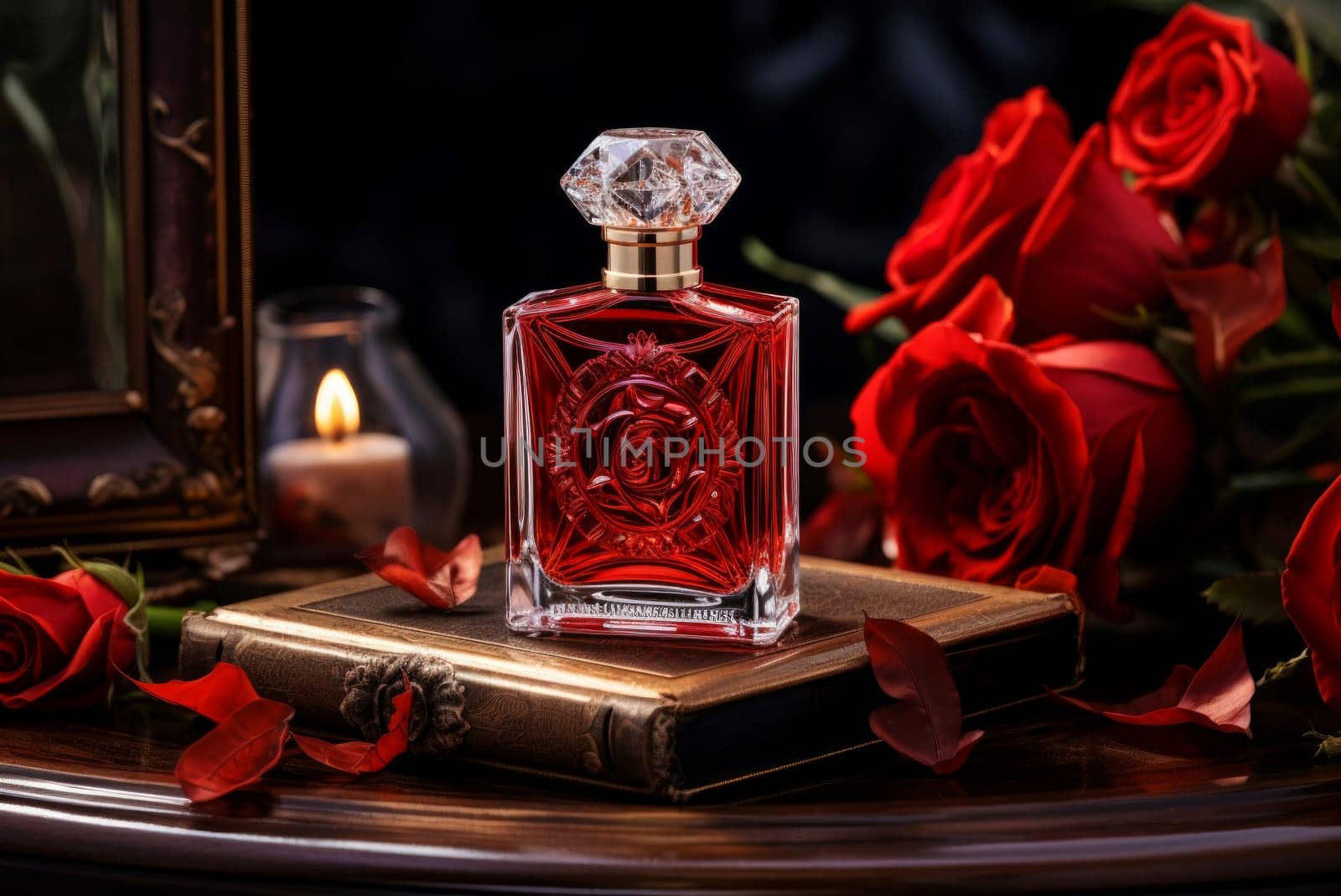 Luxury roses perfume bottle. Beauty scent. Generate Ai