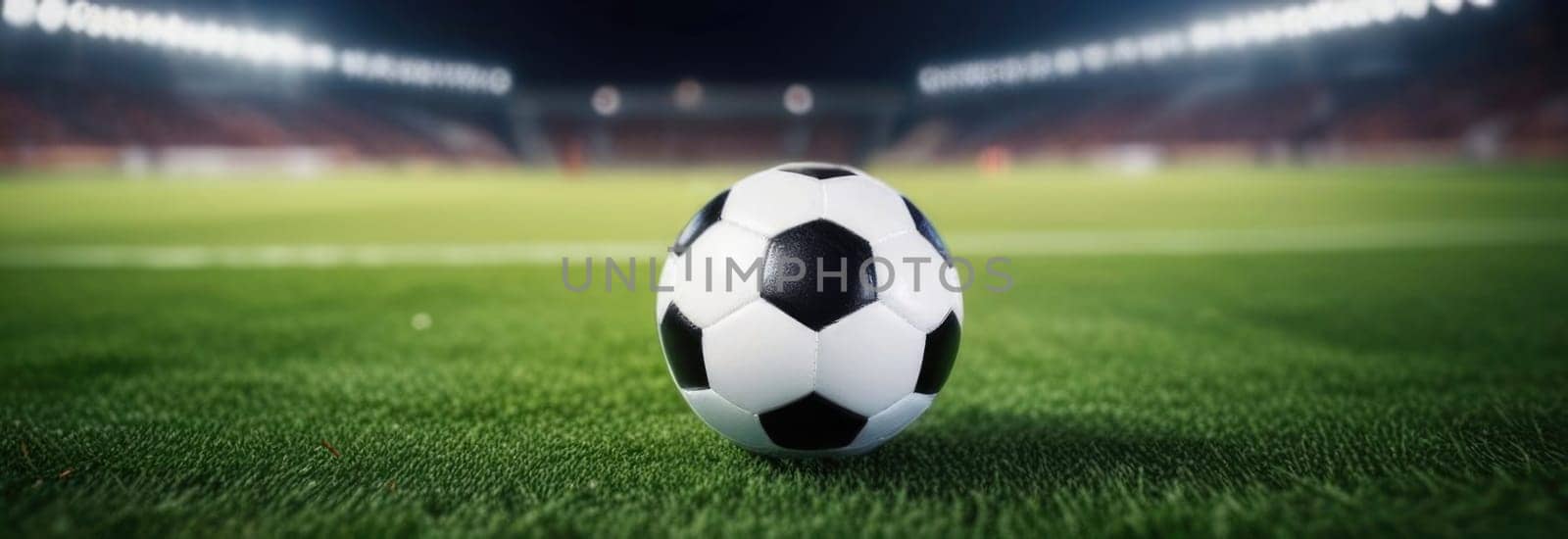 Soccer ball rests on grass of green field in front of majestic lit up, creating exciting atmosphere stadium. Scene captures essence of game, ready for action, excitement. Advertising, banner, print. by Angelsmoon