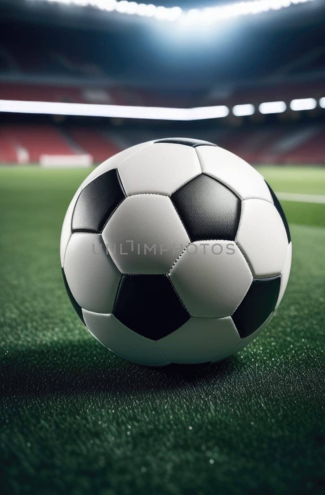 Soccer ball rests on grass of green field in front of majestic lit up, creating exciting atmosphere stadium. Scene captures essence of game, ready for action, excitement. Advertising, banner, print
