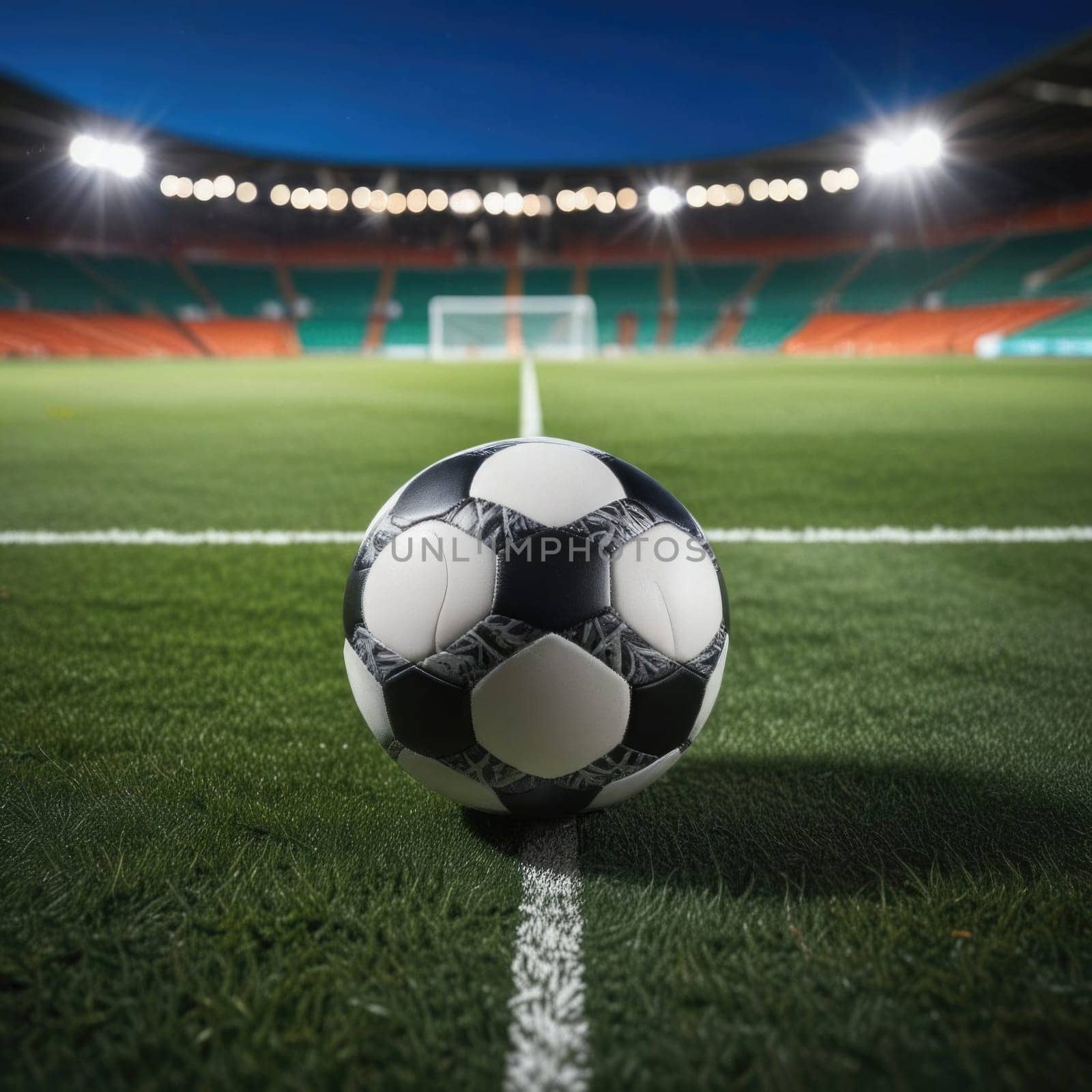 Soccer ball rests on grass of green field in front of majestic lit up, creating exciting atmosphere stadium. Scene captures essence of game, ready for action, excitement. Advertising, banner, print. by Angelsmoon