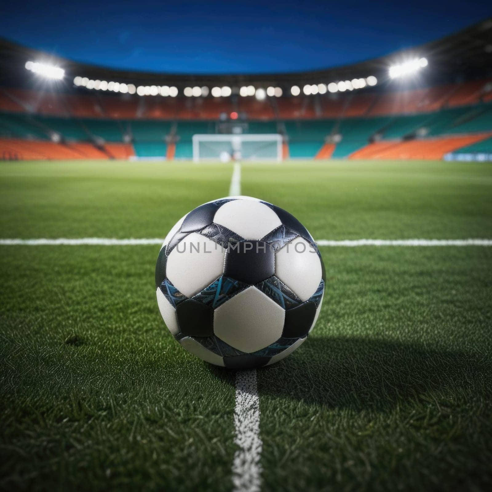 Soccer ball rests on grass of green field in front of majestic lit up, creating exciting atmosphere stadium. Scene captures essence of game, ready for action, excitement. Advertising, banner, print. by Angelsmoon