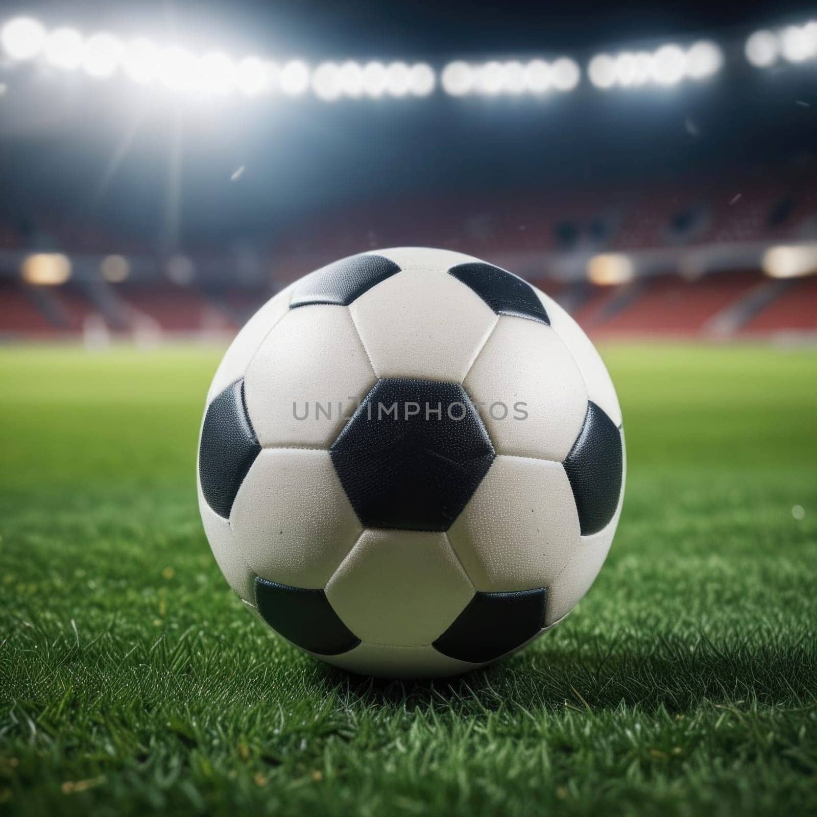 Soccer ball rests on grass of green field in front of majestic lit up, creating exciting atmosphere stadium. Scene captures essence of game, ready for action, excitement. Advertising, banner, print