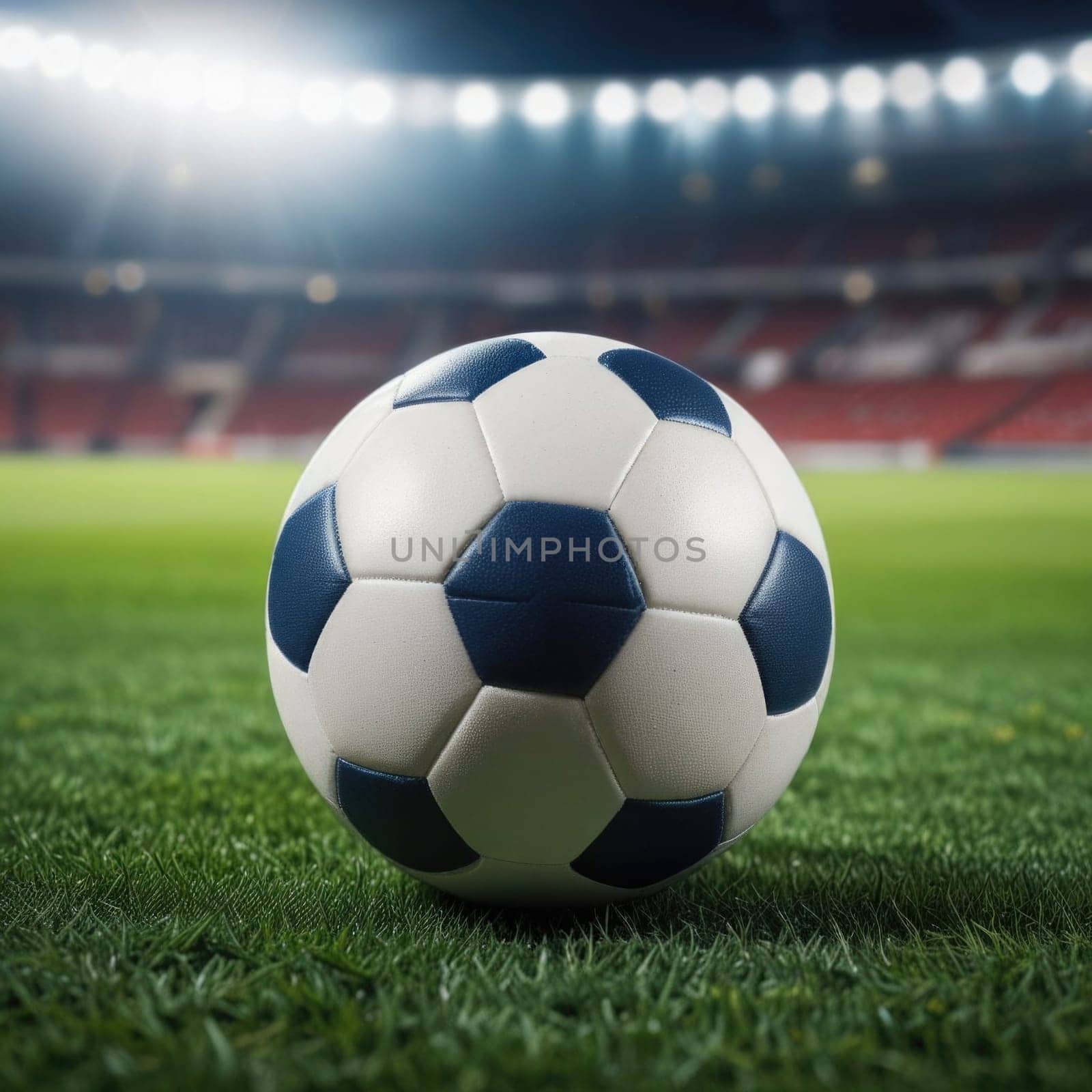 Soccer ball rests on grass of green field in front of majestic lit up, creating exciting atmosphere stadium. Scene captures essence of game, ready for action, excitement. Advertising, banner, print. by Angelsmoon