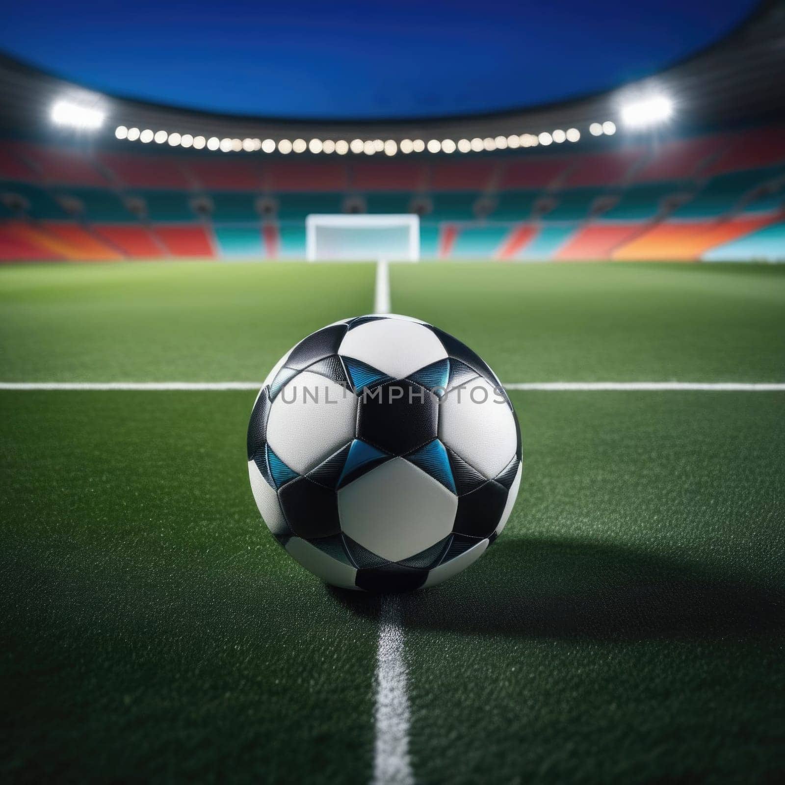 Soccer ball rests on grass of green field in front of majestic lit up, creating exciting atmosphere stadium. Scene captures essence of game, ready for action, excitement. Advertising, banner, print. by Angelsmoon