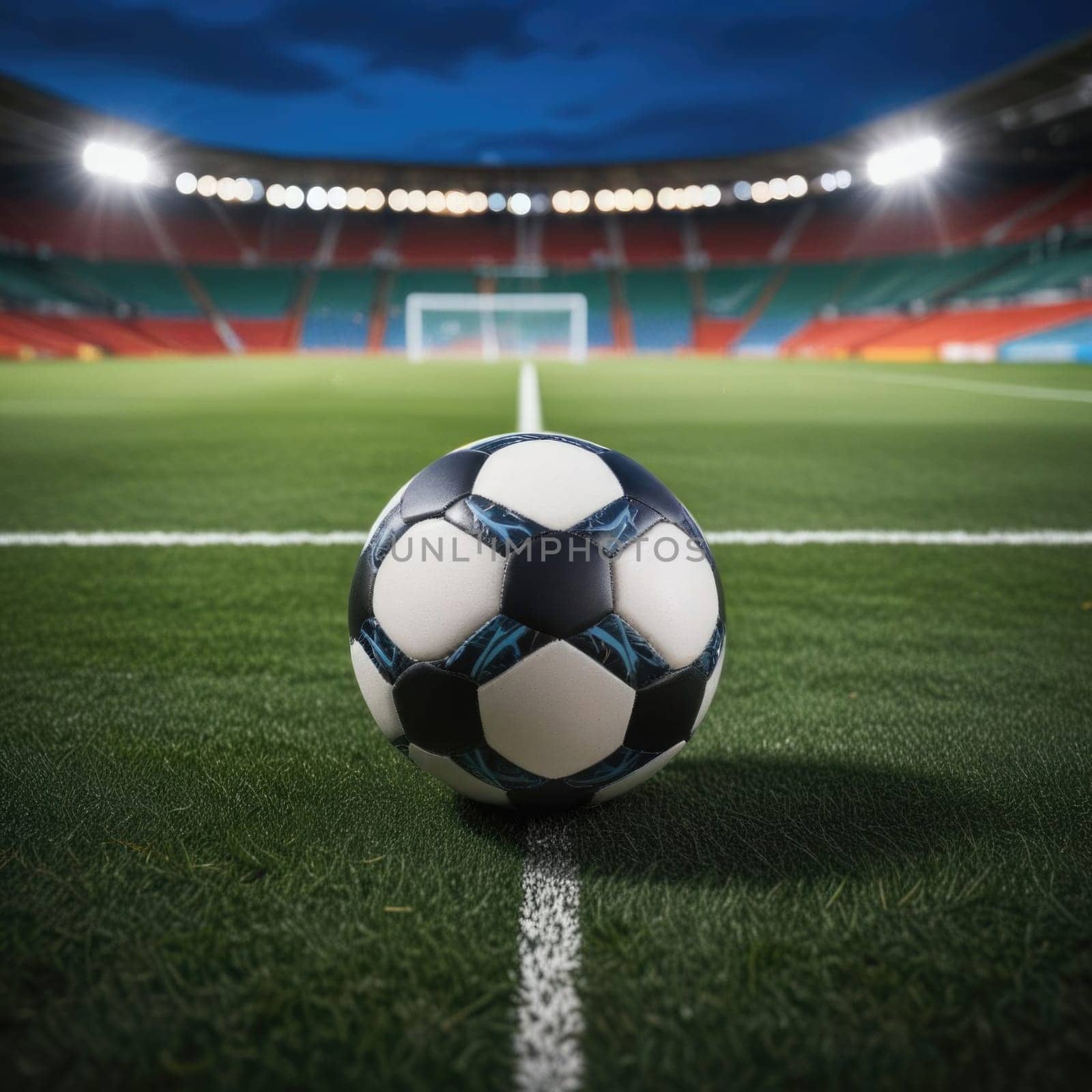 Soccer ball rests on grass of green field in front of majestic lit up, creating exciting atmosphere stadium. Scene captures essence of game, ready for action, excitement. Advertising, banner, print. by Angelsmoon