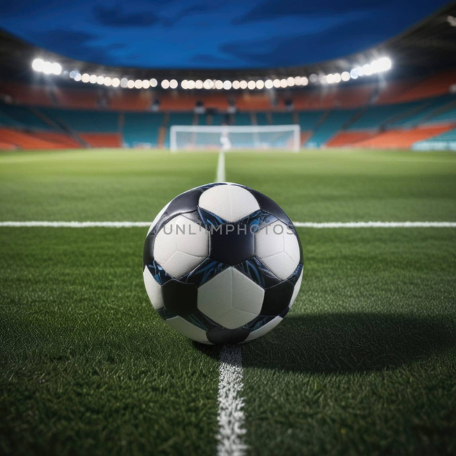 Soccer ball rests on grass of green field in front of majestic lit up, creating exciting atmosphere stadium. Scene captures essence of game, ready for action, excitement. Advertising, banner, print