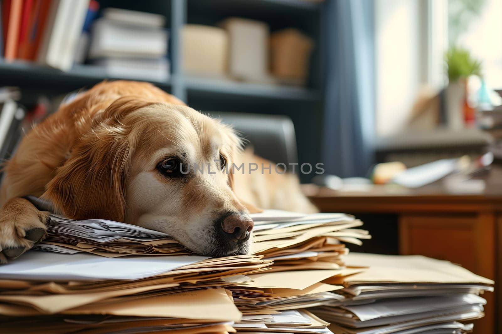 dog in an office, overwhelmed by a mountains of paperwork. Neural network generated in January 2024. Not based on any actual scene or pattern.