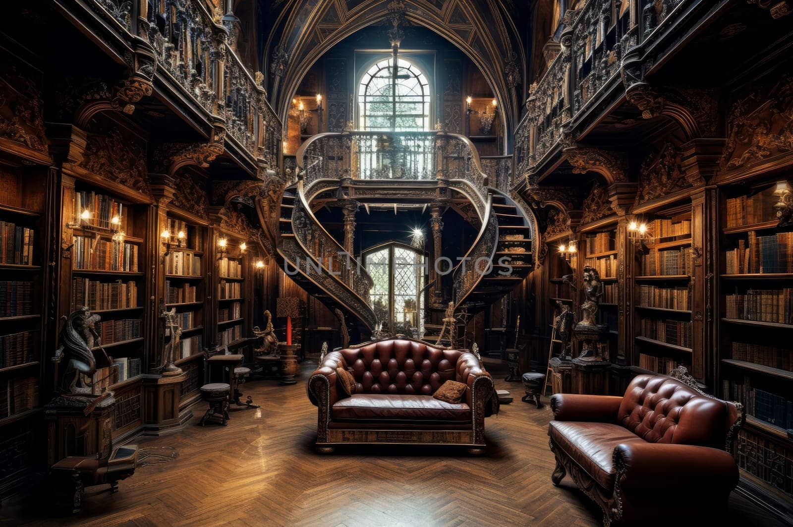 Expansive Magnificent library. Old interior room. Generate Ai