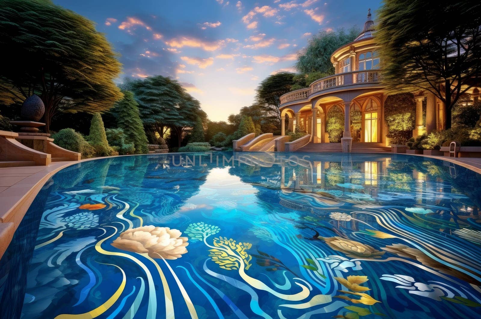 Serene majestic tropical swim pool. Hotel exterior. Generate Ai