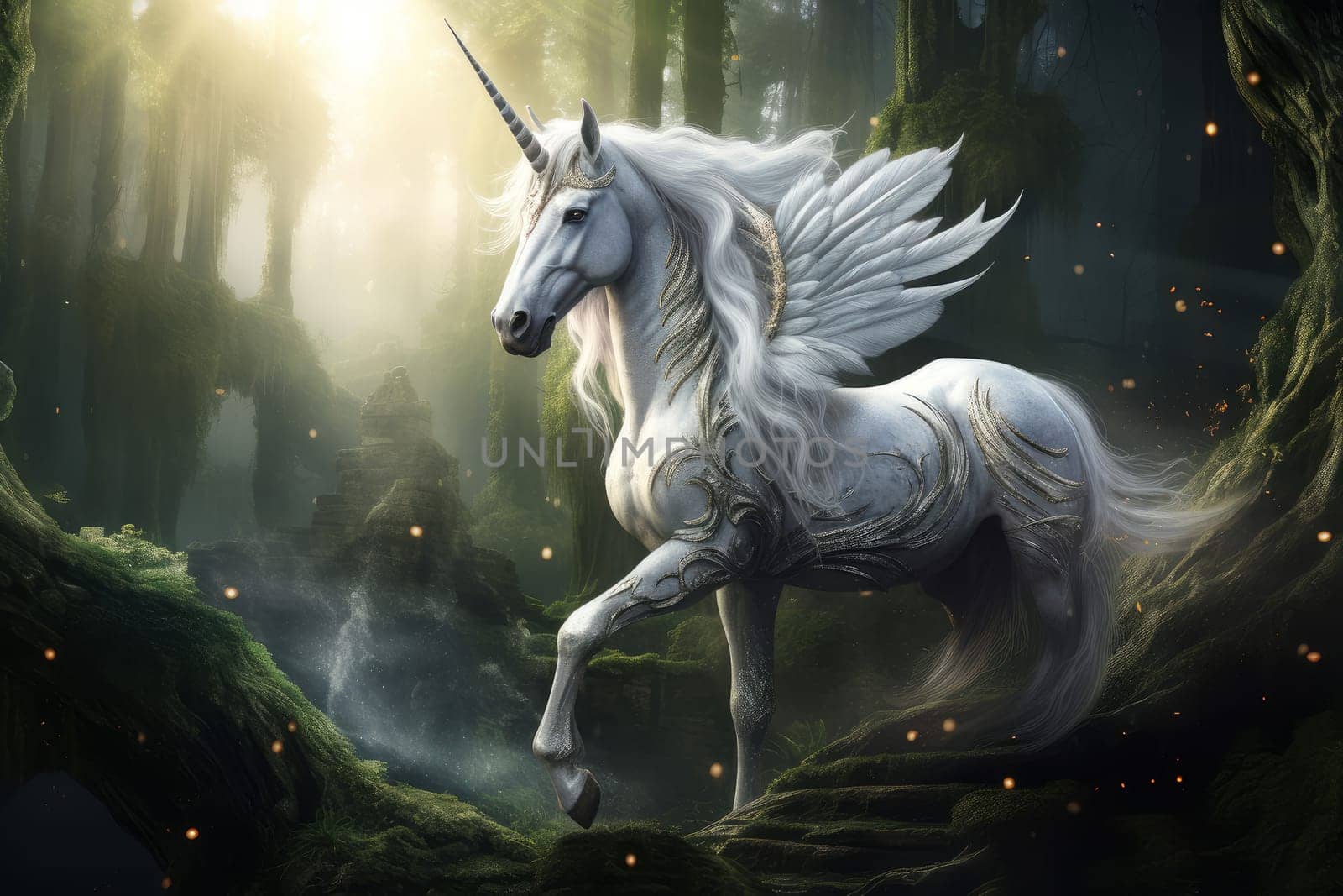 Majestic white unicorn. Person female. Generate Ai