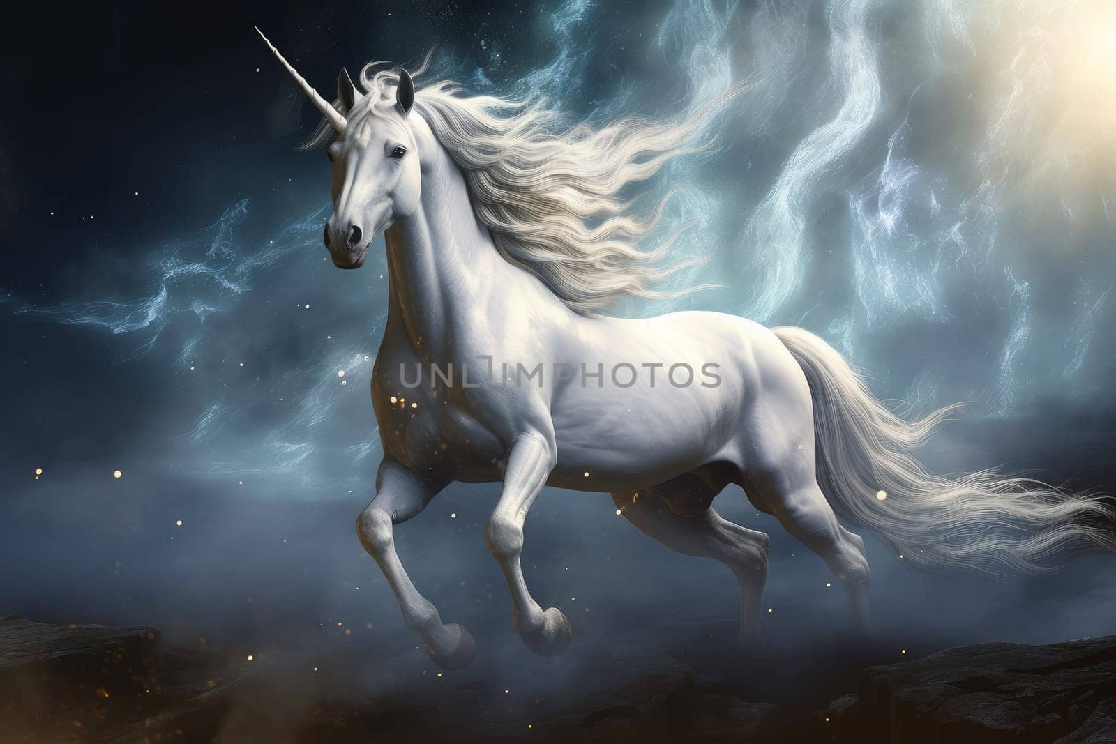 Luminous Majestic white unicorn. Person female. Generate Ai