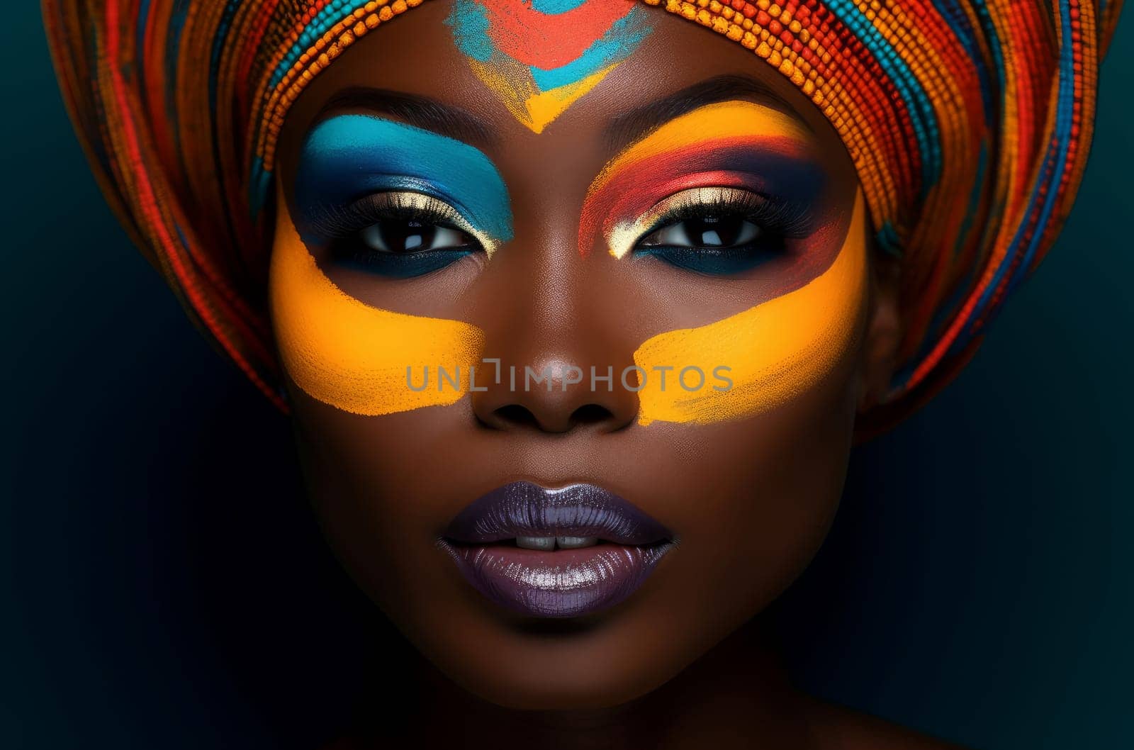 Vibrant Colorful woman makeup. Portrait style people. Fictional person. Generate Ai