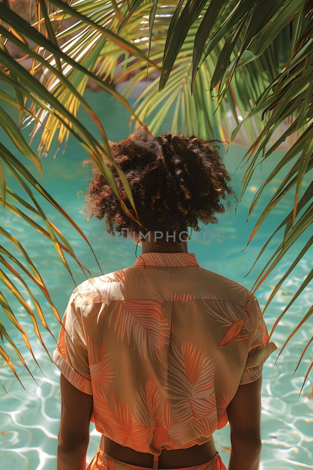 A woman is enjoying the palm trees surrounding her while standing in a swimming pool. The scene is a perfect mix of people in nature, travel, beach, and terrestrial plant vibes