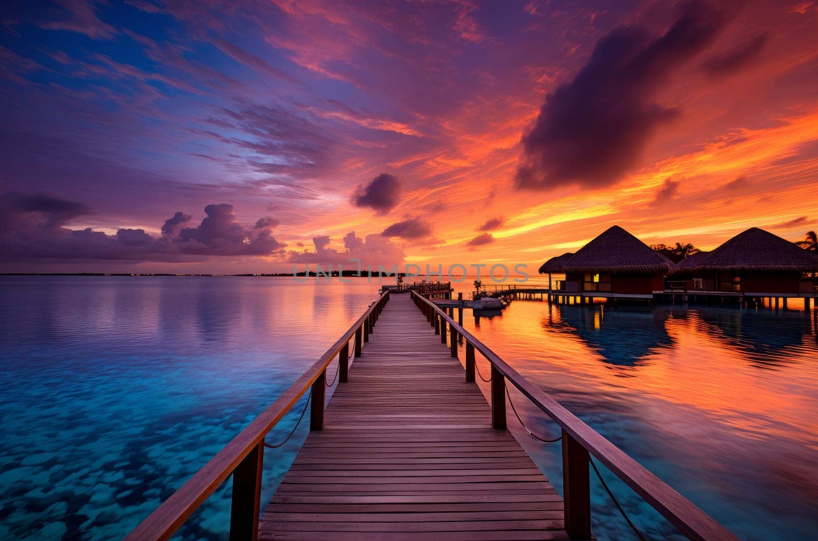 Maldives ocean beach sunset. Nature sand. Generate Ai