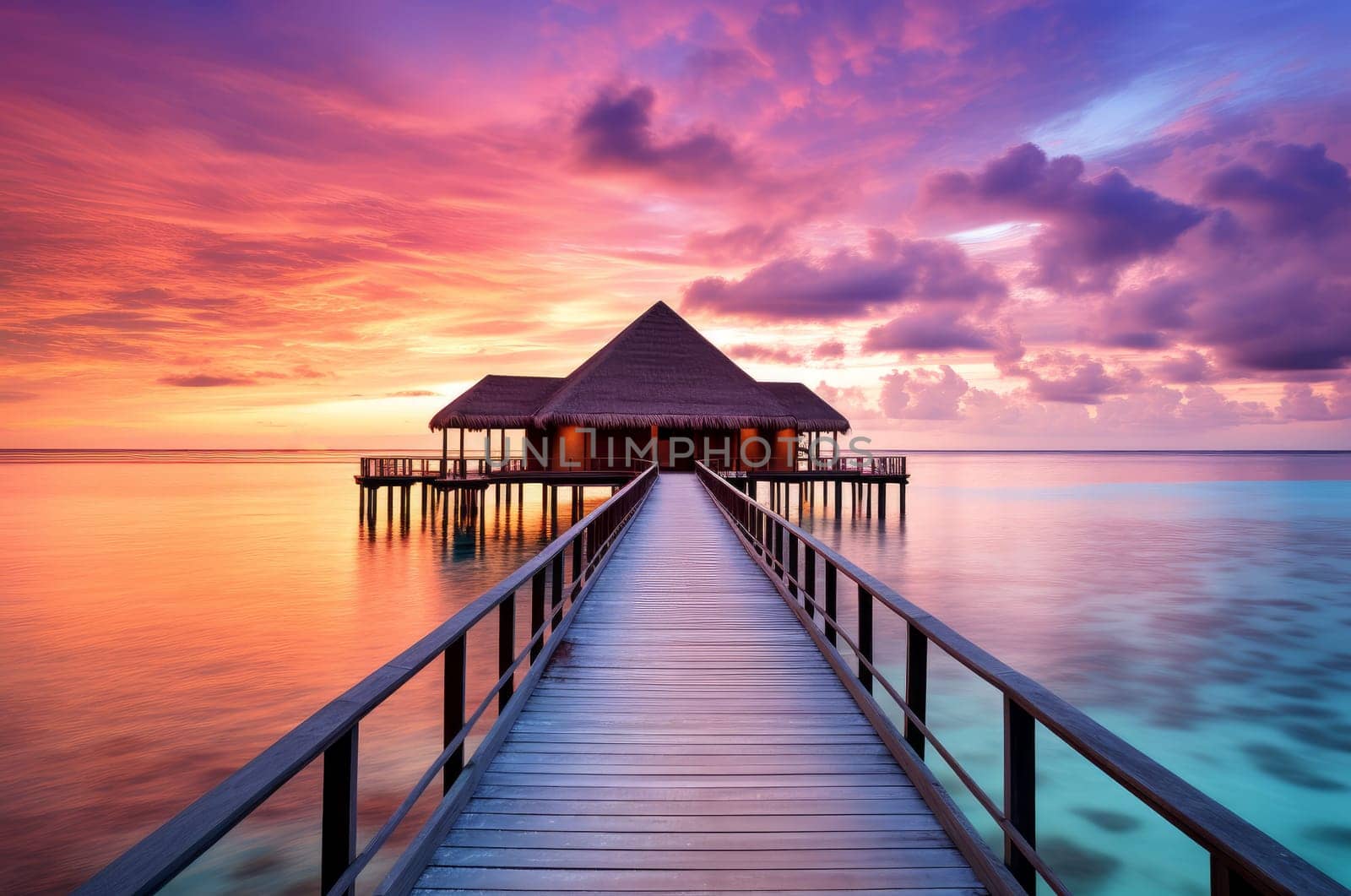 Picturesque Maldives ocean beach sunset. Nature sand. Generate Ai