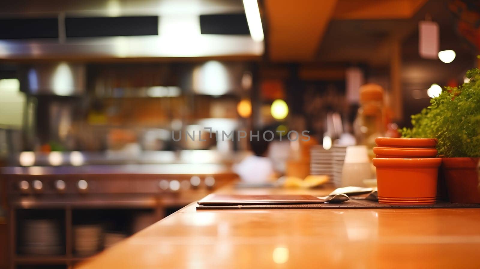 Blurred image of a restaurant kitchen with a warm, inviting glow