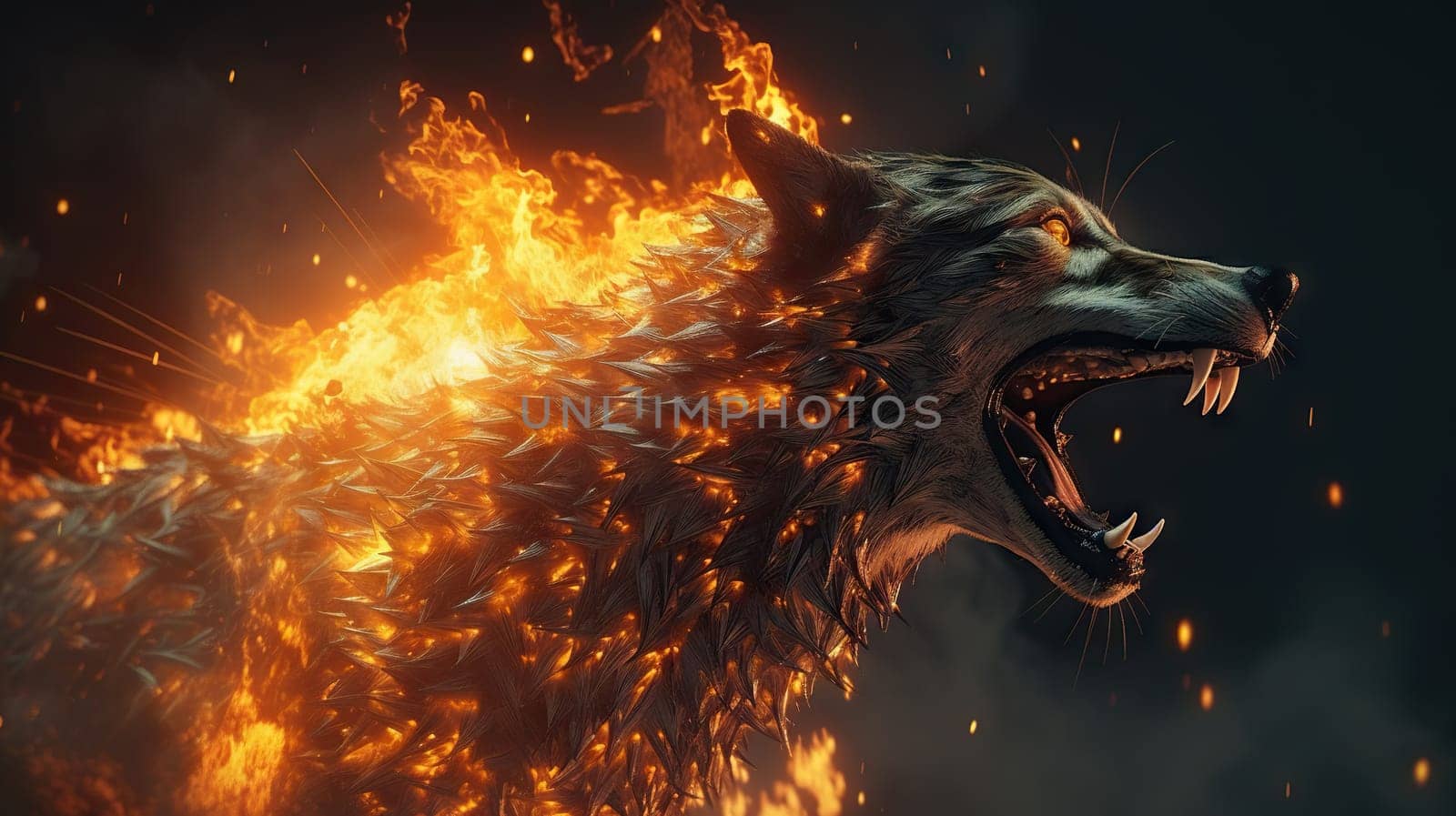 A fierce wolf engulfed in flames, depicted in a dramatic digital artwork - Generative AI