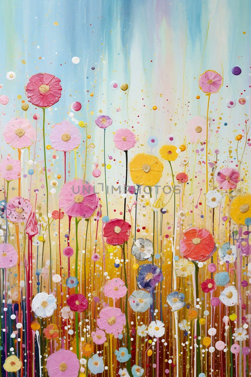 A vibrant, abstract painting featuring a field of colorful flowers, infused with a sense of springs's joyful essence by chrisroll