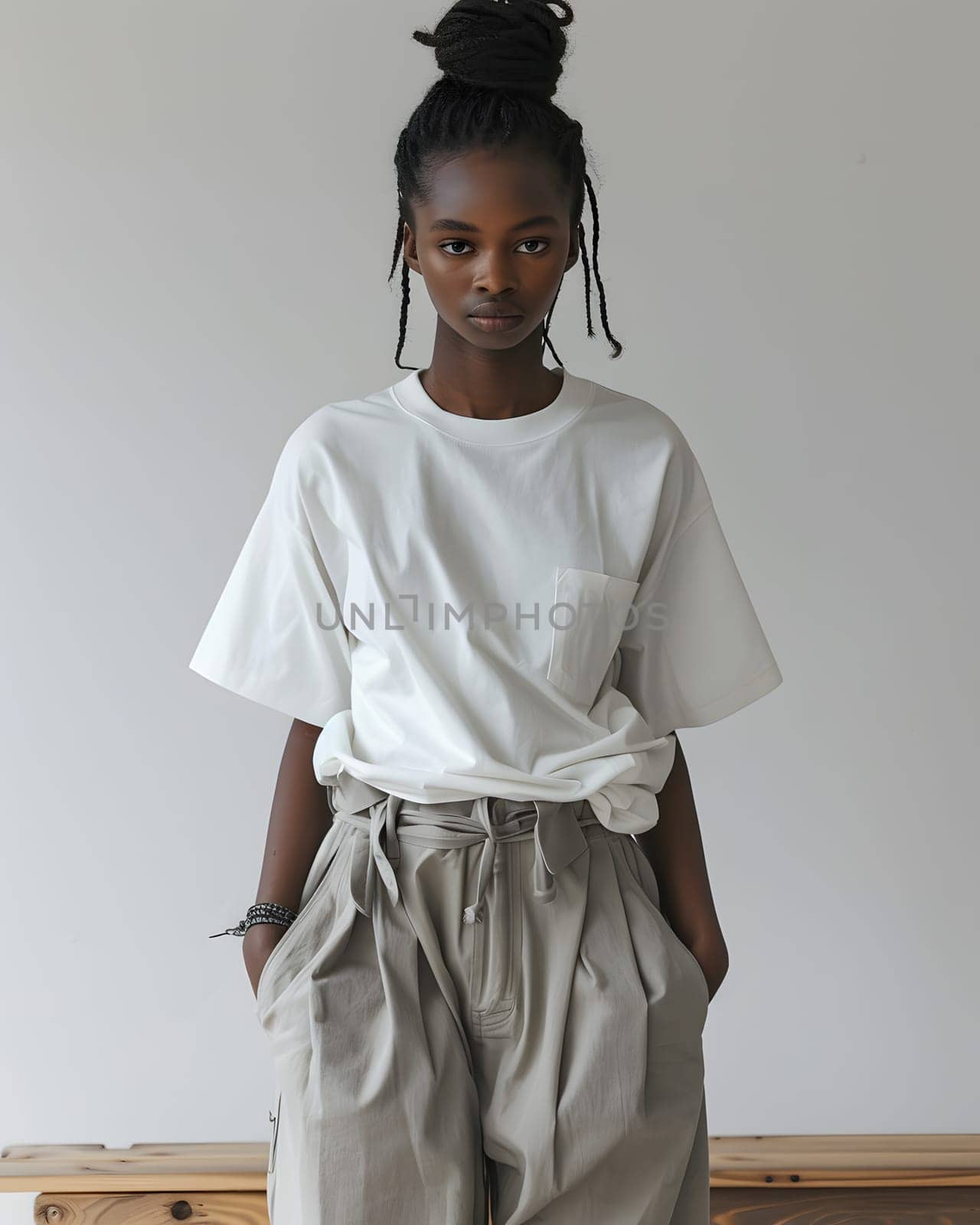 Woman in white tee, khaki shorts casual look with sleek fashion design by Nadtochiy