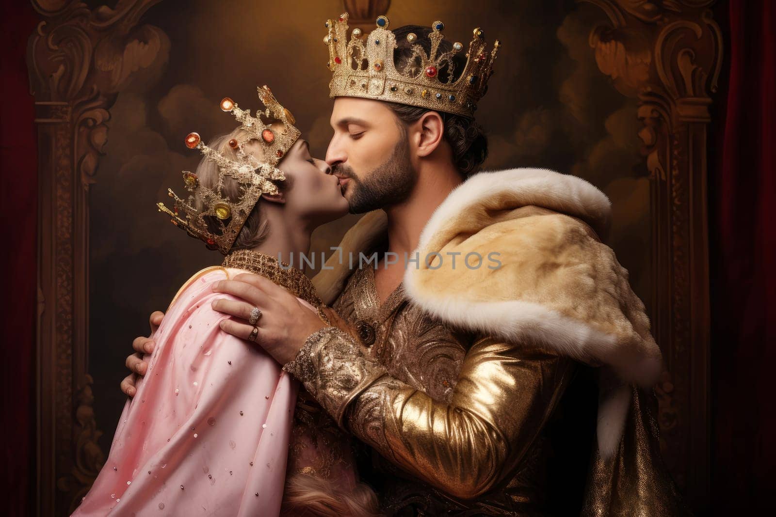Passionate Male king kiss. Person adult. Generate Ai