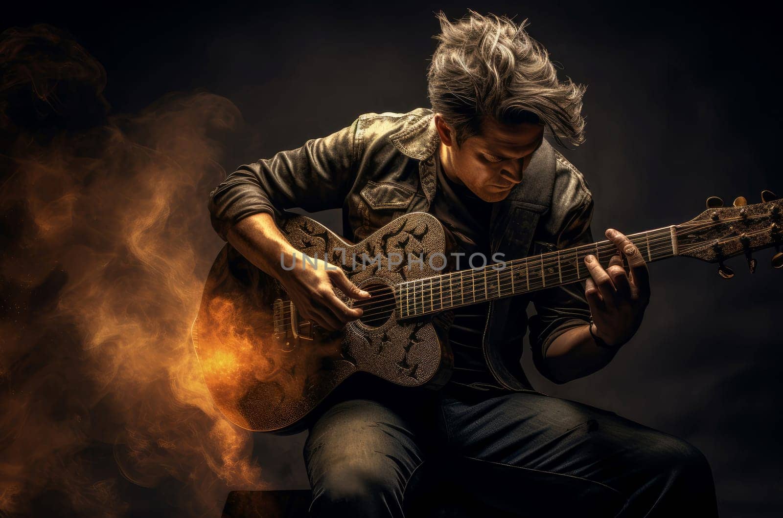 Talented Man play guitar. Generate Ai by ylivdesign