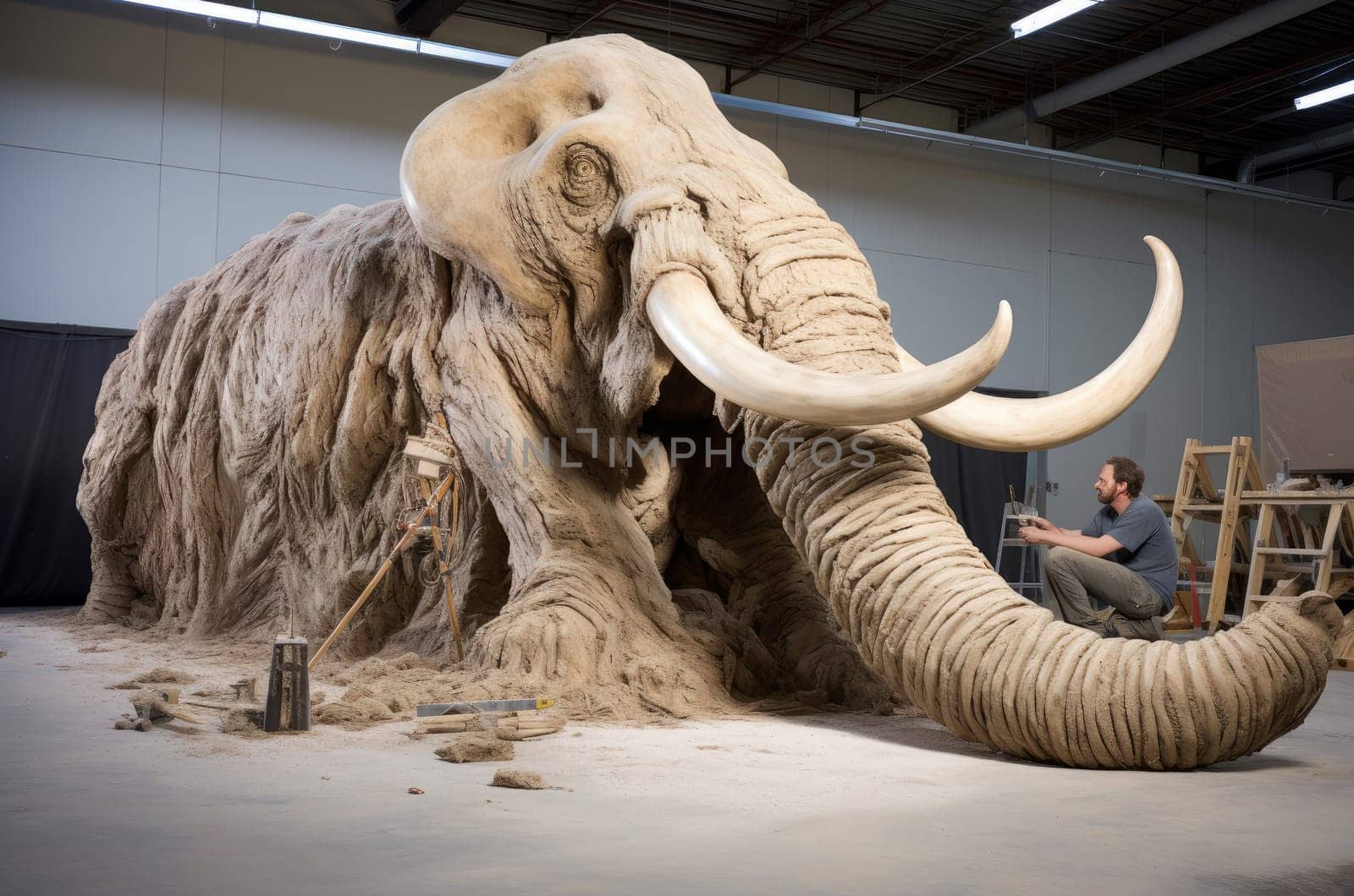 Massive Mammoth statue. Winter sand spring. Generate Ai