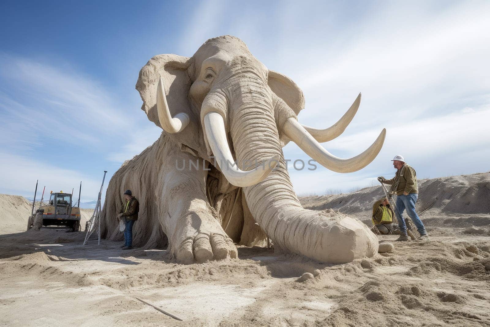 Awe-inspiring Mammoth statue. Winter sand spring. Generate Ai