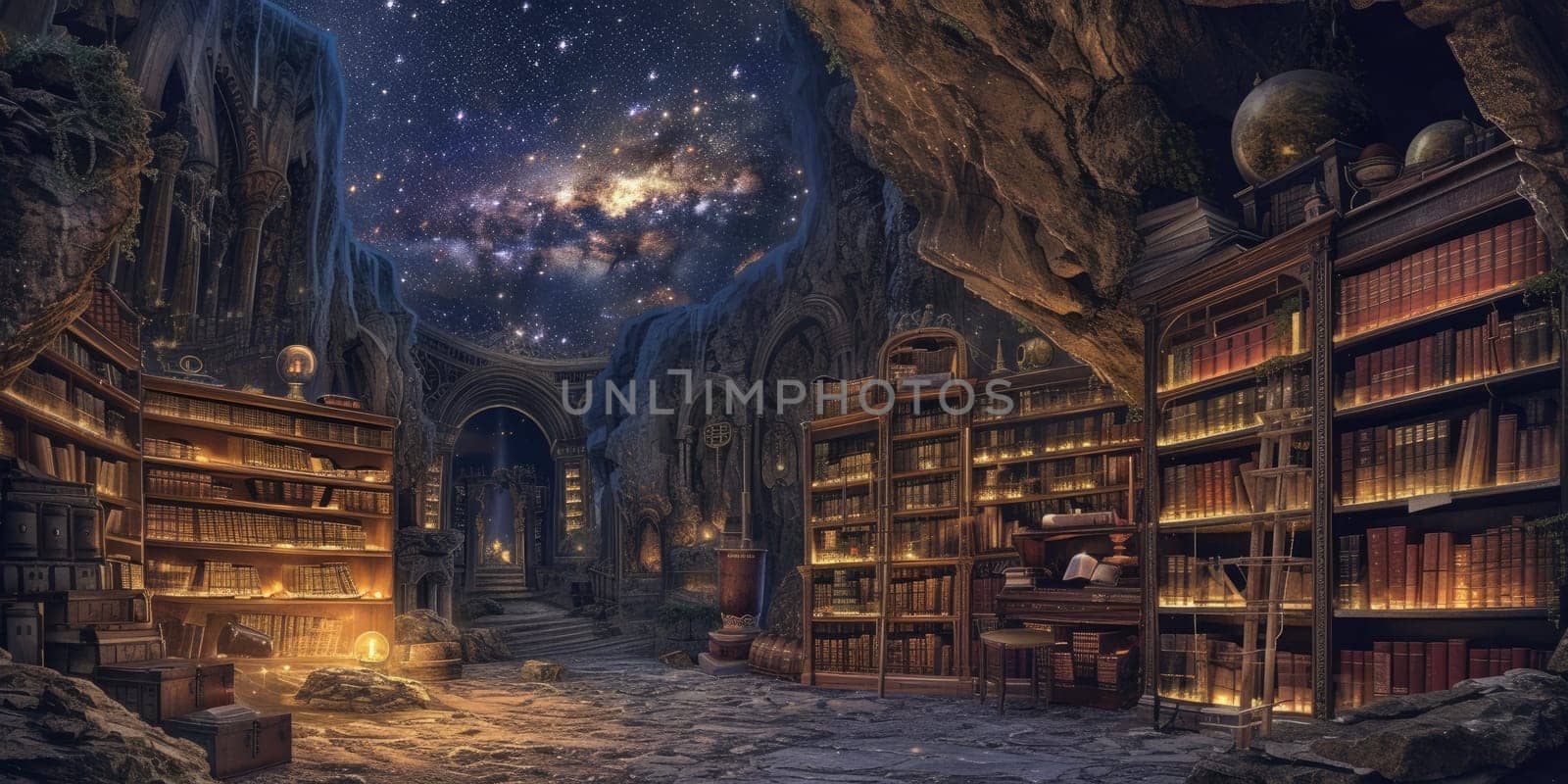 An ancient library filled with magical books, glowing orbs. Resplendent. by biancoblue