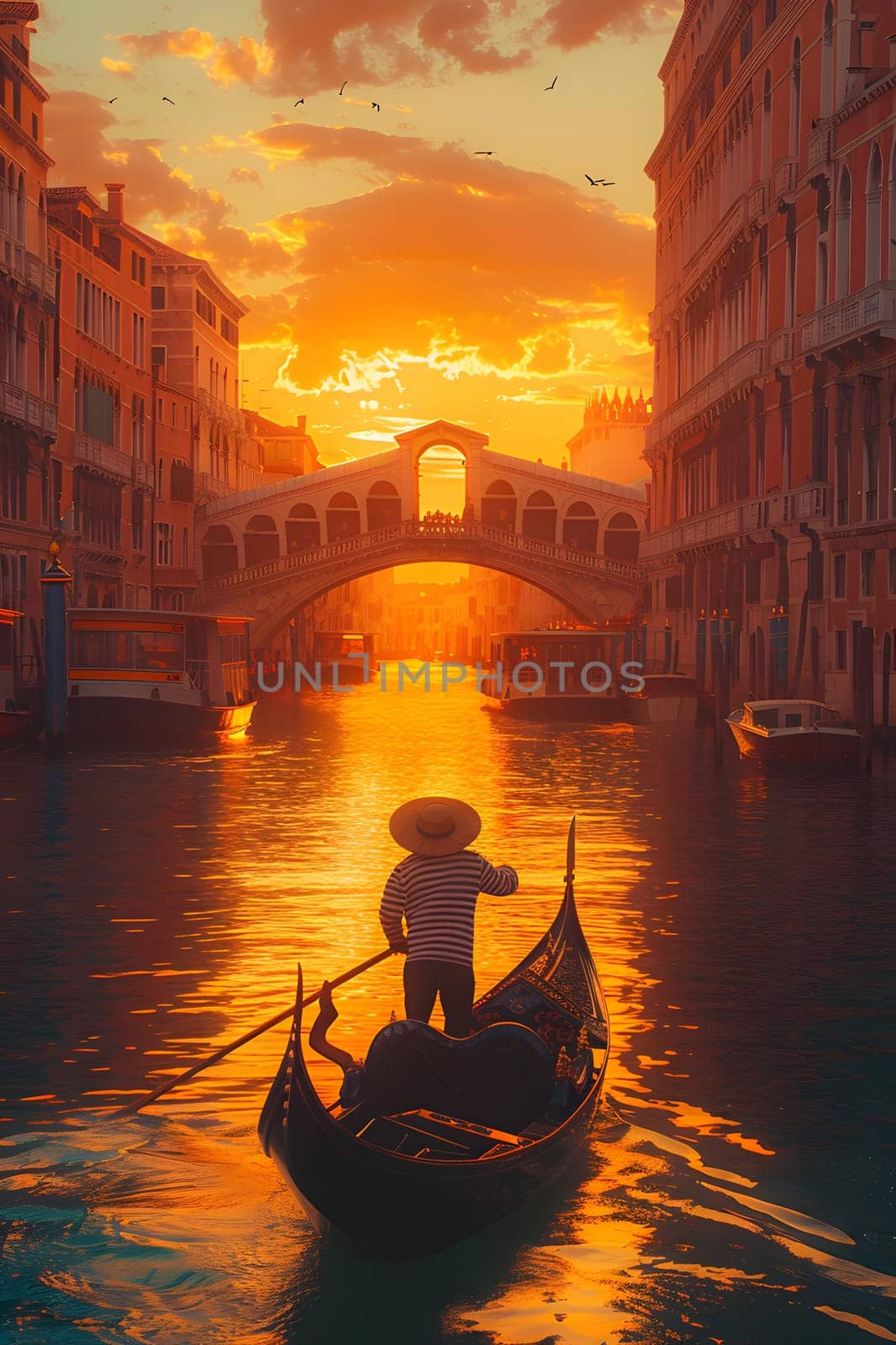 Man in watercraft glides down canal at dusk, under sunset sky by Nadtochiy