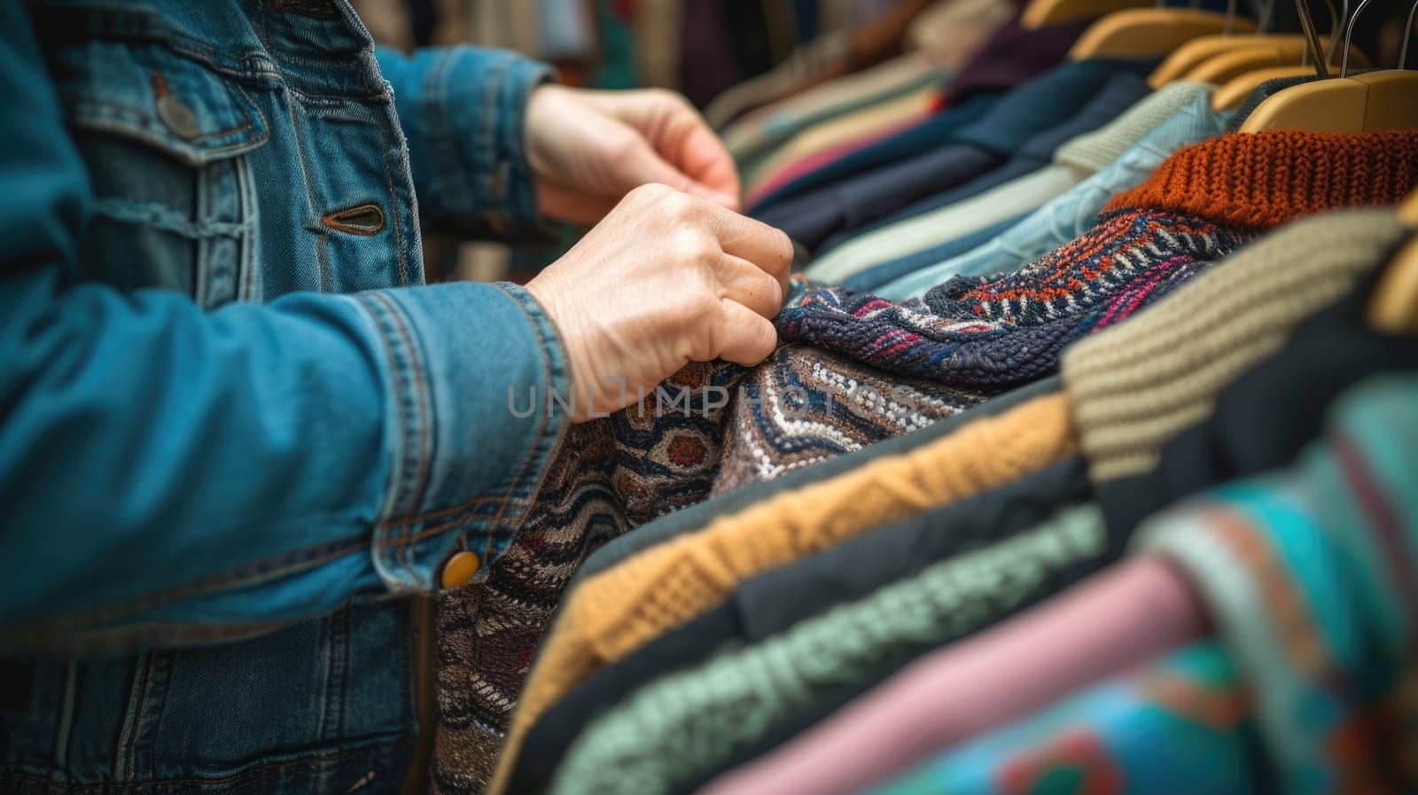 Close-up of a person's hands browsing through a colorful selection of clothing at a vintage fashion store. AIG41