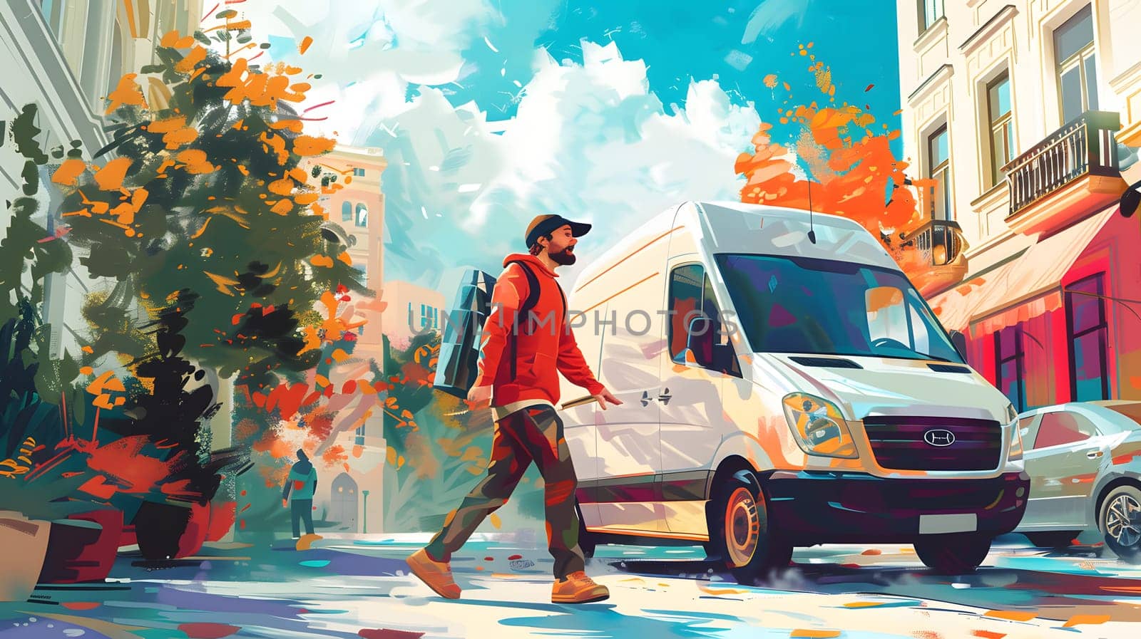 A man walks in front of a white van on a city street by Nadtochiy