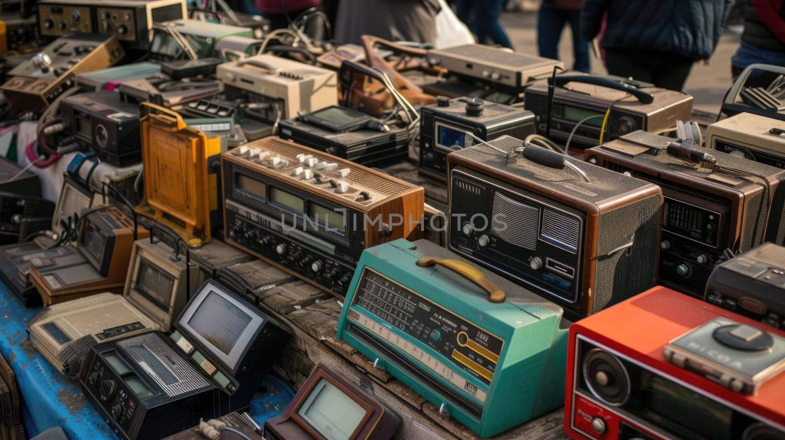 Vintage radios and televisions displayed on a table in an engineering event AIG41 by biancoblue
