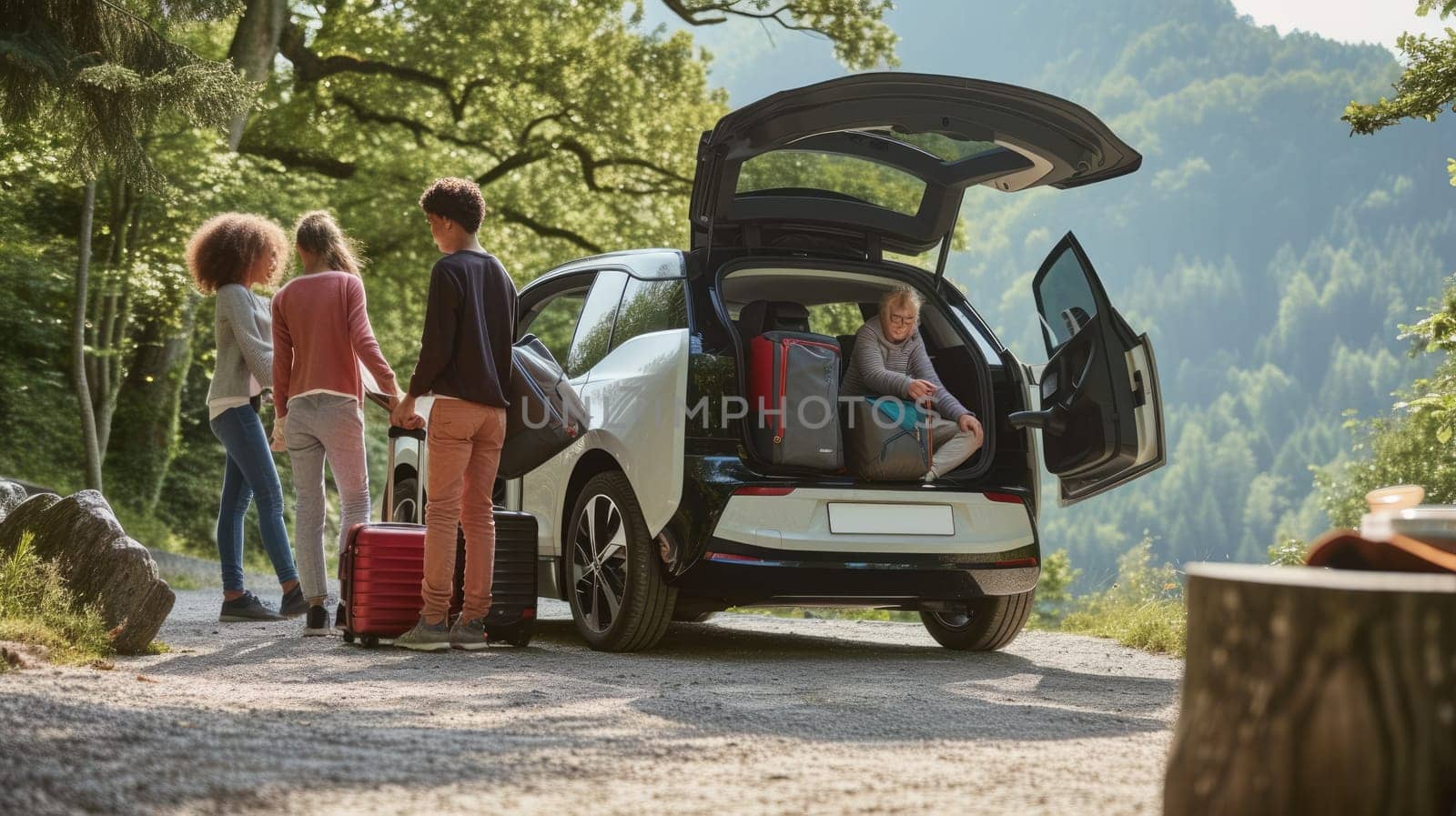 A family is loading luggage into the rear of their vehicle for a leisurely travel, surrounded by trees and plants. AIG41