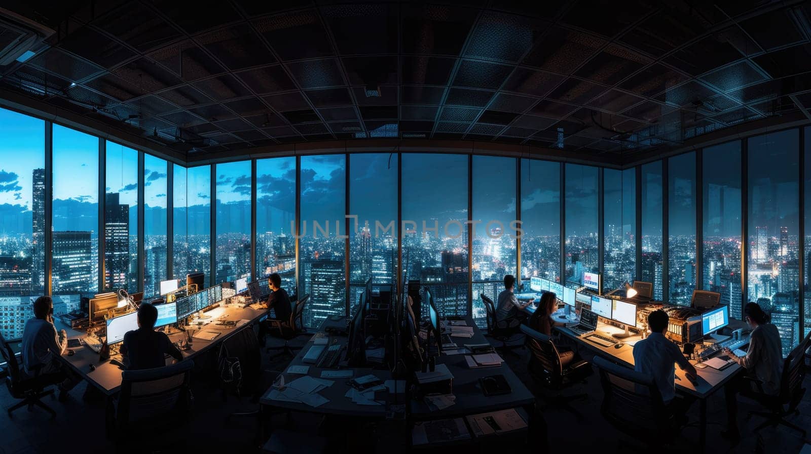 A gathering of individuals occupies office desks in a building during nighttime. The room features water fixtures, tables, and glass elements. AIG41
