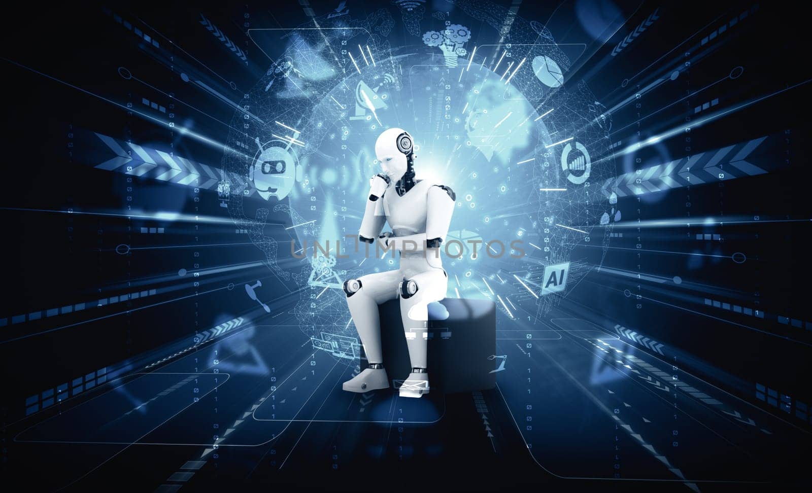 XAI 3d illustration Thinking AI humanoid robot analyzing hologram screen shows concept of network global communication using artificial intelligence by machine learning process. 3D illustration computer graphic.