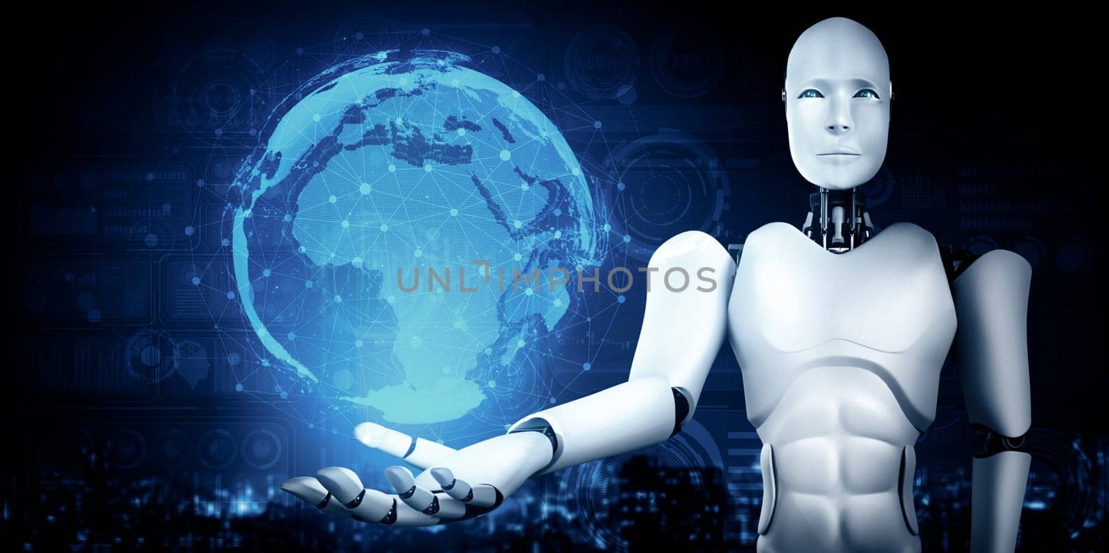 XAI AI humanoid robot holding hologram screen shows concept of global communication by biancoblue