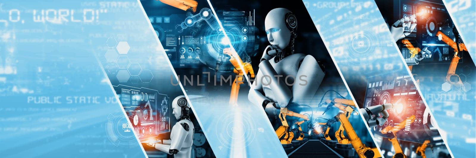 Automated AI industry robot and robotic arms assembly in factory production. Concept of artificial intelligence for industrial revolution and automation manufacturing process NLP