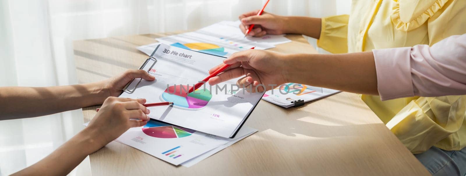 Startup company employee working together, analyzing BI dashboard paper on financial data report and planning strategic marketing for business success in panorama banner. Synergic