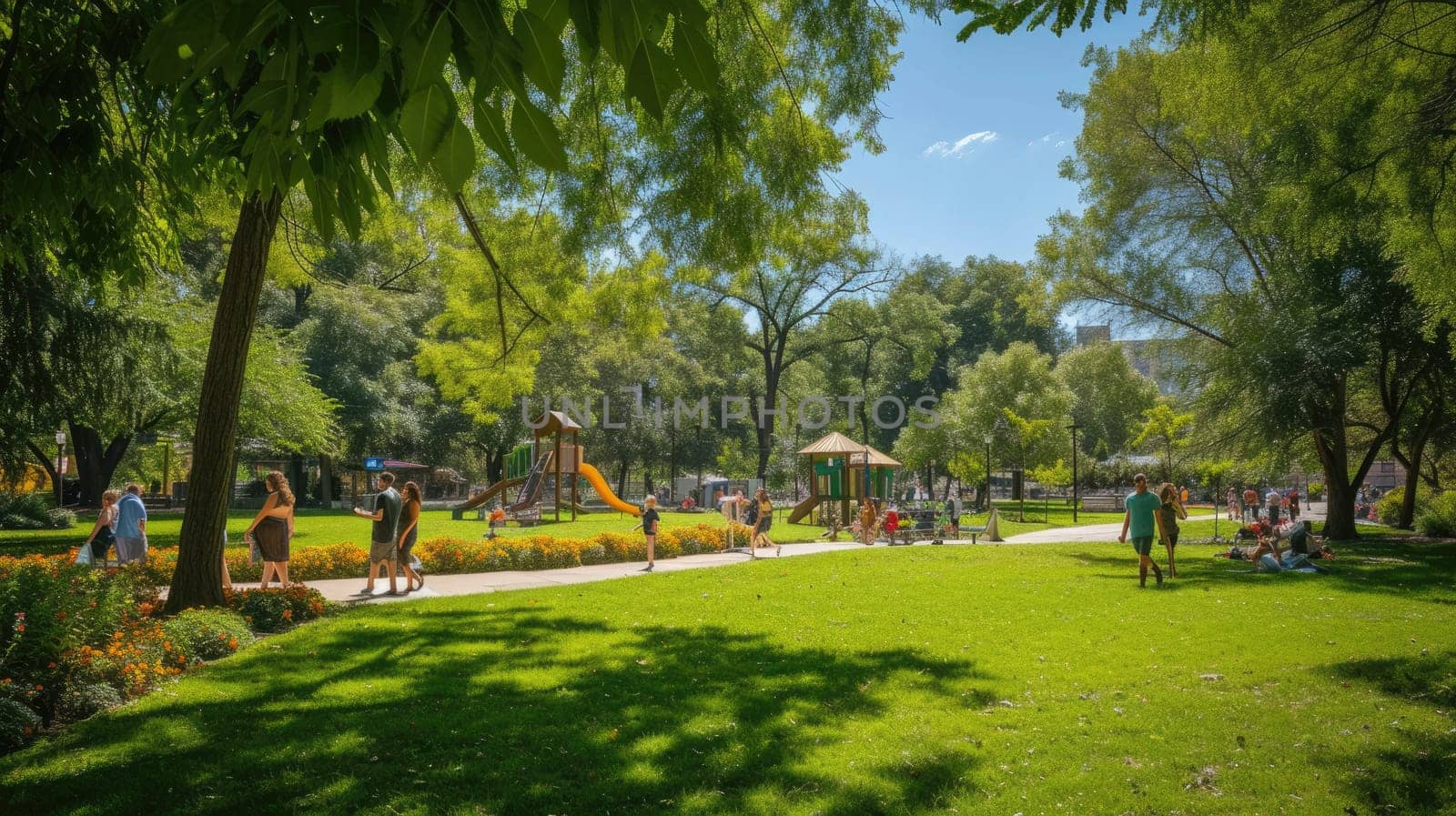 Nature landscape in park: people playing, trees, grass, and a playground AIG41 by biancoblue