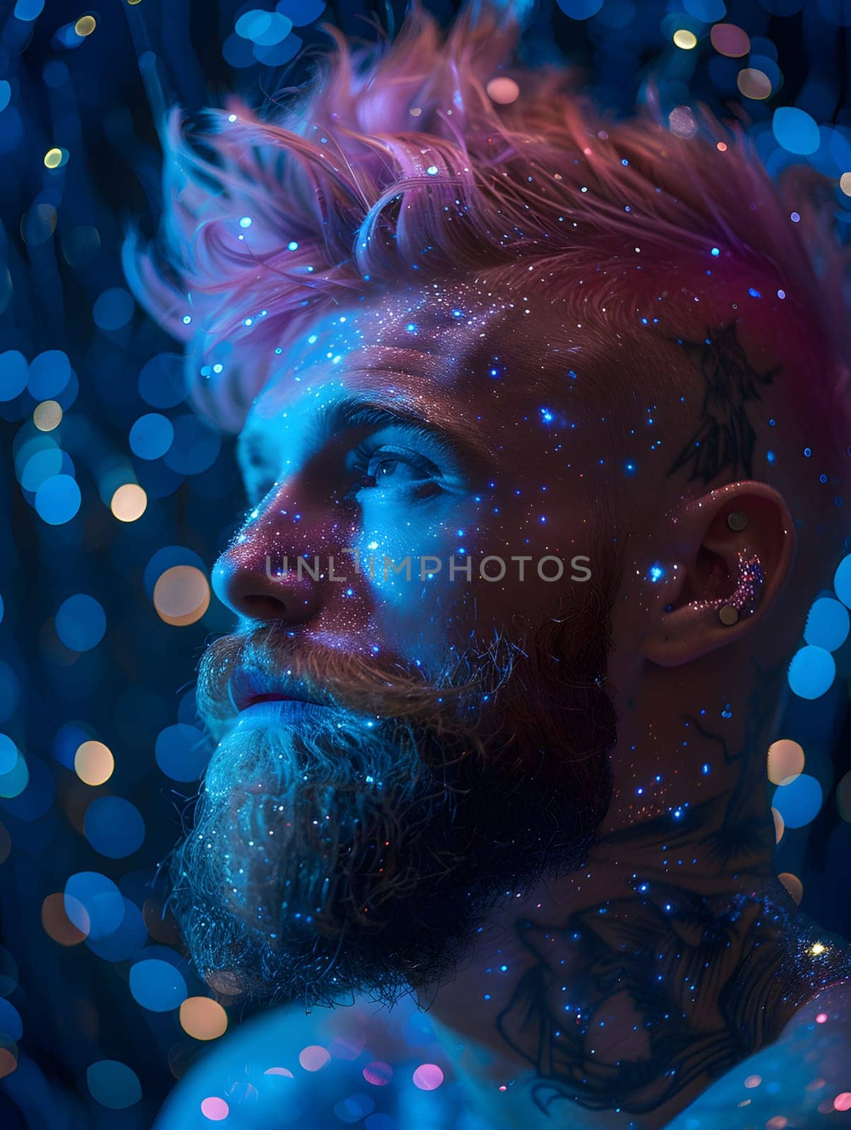 An organism with pink hair and a beard is illuminated by electric blue lights in an underwater event. The marine biologyinspired art piece contrasts with the deep blue surroundings