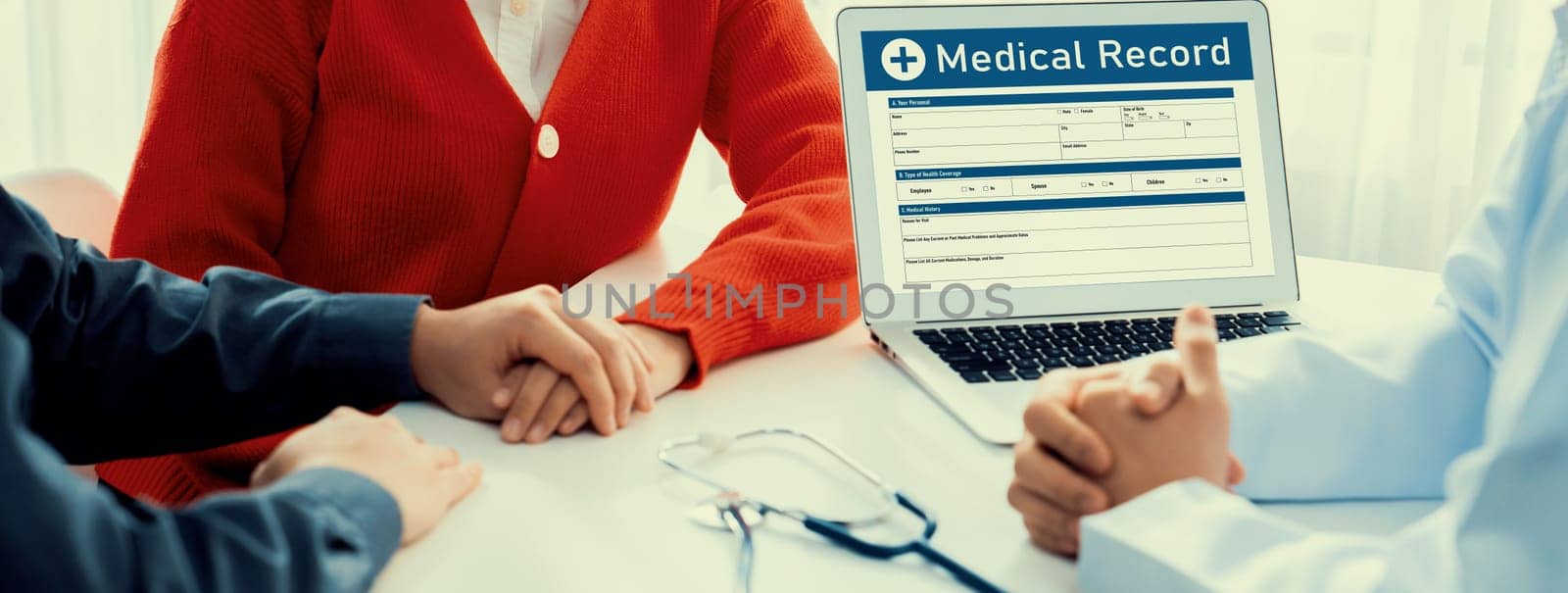 Couple attend fertility or medical consultation with gynecologist at hospital as family planning care for pregnancy. Husband and wife consoling each other through doctor appointment. Panorama Rigid