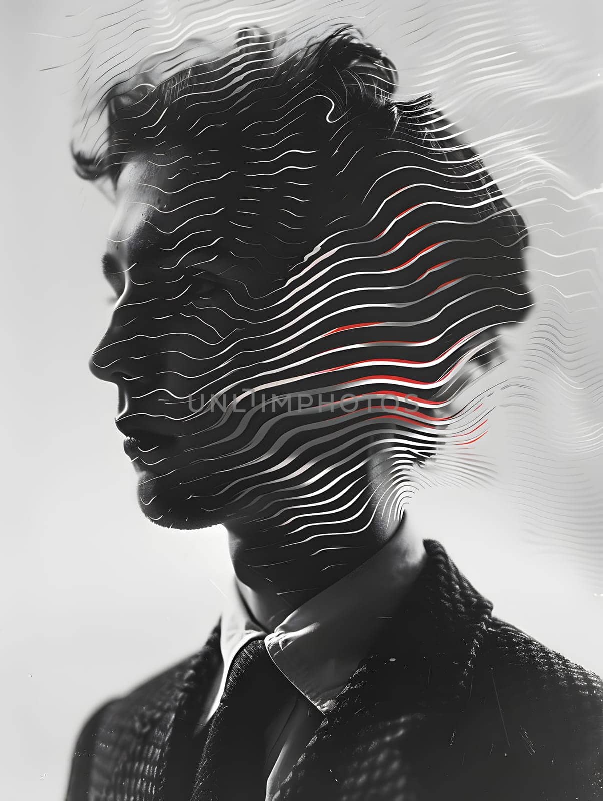 Monochrome portrait of man with zebra print on face, striking visual art by Nadtochiy