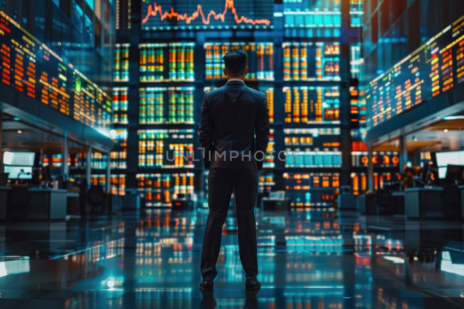 Businessman in suit view stock market graph growthing up on digital wall. Generative AI.