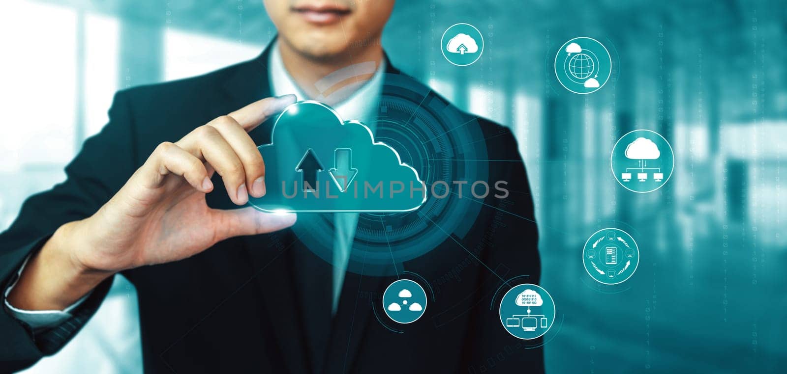 Cloud computing technology and online data storage for business network concept. Computer connects to internet server service for cloud data transfer presented in 3D futuristic graphic interface. uds