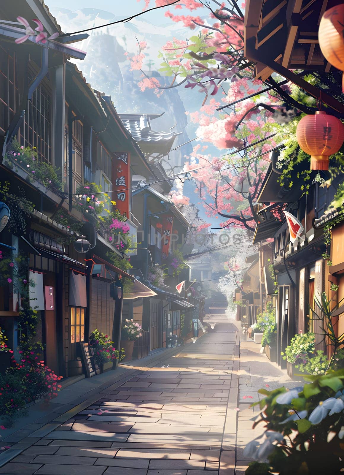 A charming neighbourhood with buildings and flowers lining a narrow street, leading towards a majestic mountain in the background under the beautiful sky