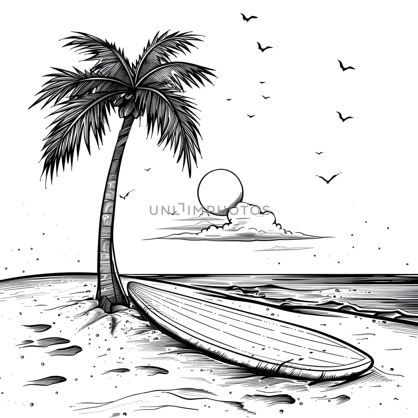 Blackandwhite painting of a palm tree and surfboard on a beach by Nadtochiy
