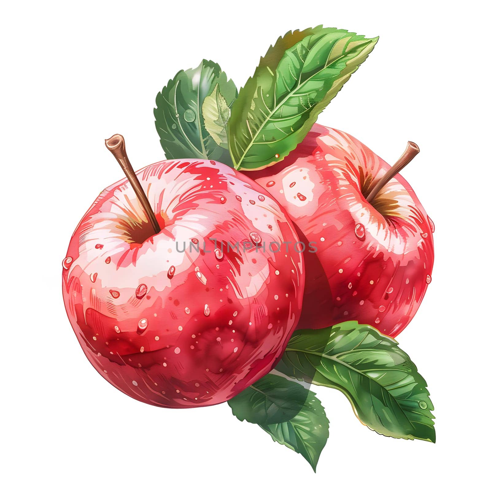 Two seedless red apples with green leaves, a type of accessory fruit from a flowering plant tree, known for being a superfood and a popular ingredient in various natural foods and produce